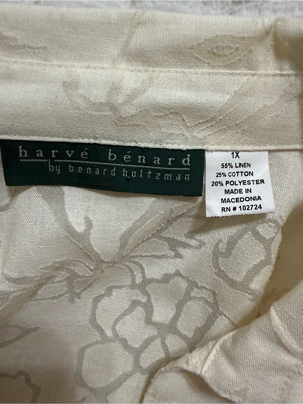 Harve Benard Linen Blend Floral Button Up Blouse 1X Cream Sheer - Picture 5 of 5